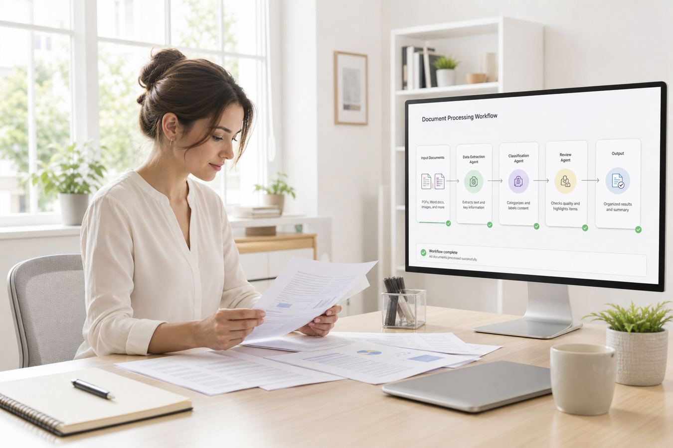 AI agents processing documents in a bright lab